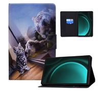 Auslbin Funda de Cuero PU para Samsung Galaxy Tab S9 FE/Tab S9 10.9" SM-X510 - Slim, Lightweight Stand with Auto Sleep/Wake Function, Featuring Feline Designs, Gato y Tigre