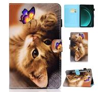 Auslbin Funda de Cuero PU para Samsung Galaxy Tab S9 FE/Tab S9 10.9" SM-X510 - Slim, Lightweight Stand with Auto Sleep/Wake Function, Featuring Feline Designs, Mariposa y Gato