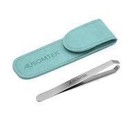 AUSOMTEK Pinzas para barba, pinzas blancas para depilar el cabello, acero inoxidable, pinzas finas para depilación, herramienta para moldear cejas, punta de 5 mm, funda de poliuretano cian, 1 paquete