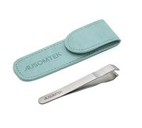 AUSOMTEK Pinzas para barba y depilación fina, herramienta de cejas, acero inoxidable, punta de 10 mm, diseño antideslizante, funda de poliuretano cian, 1 paquete