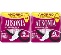 Ausonia Compresas Ultrafina Día & Noche Con Alas, 24 unidades, Para Un Flujo Muy Abundante, Hasta 9 Horas De Protección (Paquete de 2)