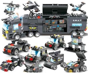 Auspcers 8 en 1SWAT Juego de construcción de bloques de construcción de policía, 762 piezas, juguete para niños y niñas con coche de policía, helicópteros, botes de patrulla acuática (negro)