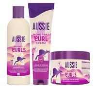 Aussie Bouncy Curls Champú 300ml + Mascarilla 500ml + Crema 160ml. Hidrata el Pelo. Con Aceites de Jojoba, Coco y Macadamia. Sin Siliconas