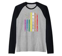 Austin Texas Us American Flag Rainbow Gay LGBT Pride Month Camiseta Manga Raglan
