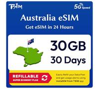Australia eSIM | 30 GB | 30 días | Plan Recargable | Velocidad 5G | Hotspot | Solo Datos. El código QR será enviado Dentro de 24 Horas; escanea para activar. No Incluye número de teléfono.