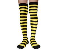 AUSUAYA Calcetines altos a rayas para mujer, de algodón, por encima de la rodilla, calentador de piernas para Halloween, cosplay y gótico GB-LW-3, Rayas negras y amarillas, rayas de abeja, Talla única