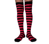 AUSUAYA Calcetines altos a rayas para mujer, de algodón, por encima de la rodilla, calentador de piernas para Halloween, cosplay y gótico GB-LW-3, Rayas negras y burdeos, Altoa única