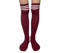 AUSUAYA Calcetines altos a rayas para mujer, de algodón, por encima de la rodilla, calentador de piernas para Halloween, cosplay y gótico GB-LW-3, X Granate y Blanco Tres Rayas, Talla única