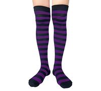 AUSUAYA Calcetines altos hasta el muslo para mujer, a rayas, extra largos, por encima de la rodilla, de algodón, para cosplay y calentador de piernas gótico GB-LW-3, Rayas negras y moradas, Altoa