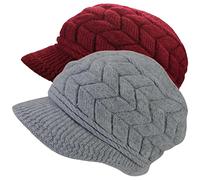 AUSUAYA Gorro de punto de lana con visera, para mujer, con forro polar cálido, DE-W2M, Set de 2 - Borgoña y Gris, M