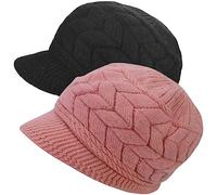AUSUAYA Gorro de punto de lana con visera, para mujer, con forro polar cálido, DE-W2M, Set de 2 - Negro y Rosa, M