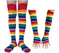 AUSUAYA Guantes largos a rayas sin dedos, calentadores de brazos de punto para mujer, para punk, rock y cosplay, gótico, fiesta de Halloween, GB-WM-S-G5, Z1 - Guantes Rainbow + Medias, talla única