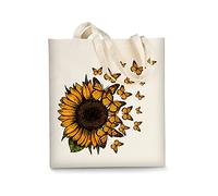 AUSVKAI Bolsa de lona estética para mujer, bonitas bolsas de algodón reutilizables para compras, escuela, playa, regalos de moda, Mariposas de girasol