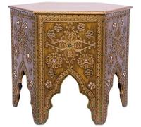Auténtica mesa auxiliar tallada octogonal tailandesa, mesa de té de madera vintage del sudeste asiático con incrustaciones intrincadas