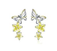 Auténtico 925 Dancing Butterfly & Yellow Crystal Circon Women Pendientes de boda Joyería de boda