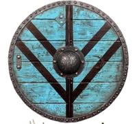 Auténtico escudo vikingo listo para la batalla inspirado en Lagertha: armadura medieval hecha de materiales redondos de madera azul