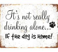 Authnature Letrero de metal de aluminio resistente a la intemperie con texto en inglés "It's Not Really Drinking Alone If The Dog is Home" personalizado para decoración de pared, regalo de