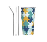 Autism Awareness Month 20 Oz Insulated Stainless Steel Coffee Travel Mug with Straw Portable Thermal Cup Straw Three-Piece Set