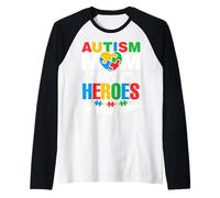 Autism Mom Raising Hero Groovy Messy Bun Autism Awareness Camiseta Manga Raglan