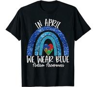 Autism Rainbow in April We Wear Blue Autism Awareness Month T-Shirt Short Sleeve Shirt T-Shirt Black 3XL
