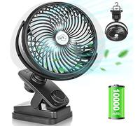 Auto Oscilación Ventilador Pinza, 10000mAh Recargable Ventilador USB Portatil, Mini Ventilador de Mesa Camper con Luz LED, Clip Ventilador con Gancho Pequeño Silencioso de Velocidad Continua, Ø18cm