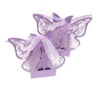 Auto-plaza 50 cajas de regalo de mariposa cortadas con láser para bricolaje, boda, cumpleaños, regalo, cajas de dulces con cintas (morado)