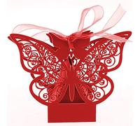 Auto-plaza 50 cajas de regalo de mariposa cortadas con láser para bricolaje, boda, cumpleaños, regalo, cajas de dulces con cintas (rojo)