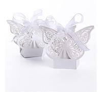 Auto-plaza 50 cajas de regalo de mariposa cortadas con láser para bricolaje, boda, cumpleaños, regalo, cajas de dulces con cintas (blanco)