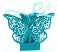 Auto-plaza 50 cajas de regalo de mariposa cortadas con láser para bricolaje, boda, cumpleaños, regalo, cajas de dulces con cintas (azul cielo)