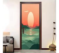 Autoadhesivo Decorativas Pegatinas de Puerta 86x200 cm Minimalismo Arte Atardecer IlustracióN Cocina PVC Adhesivo Fotográfico Pegatina,Impermeables Etiqueta De La Puerta Verde Puertas Mural Vinilo DIY