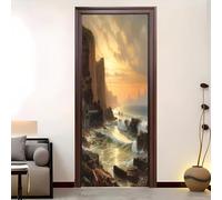 Autoadhesivo Pegatinas Para Puertas 77x200 cm Costa Rocas Olas Paisaje Pegatinas Impermeables, amarillo pálido 3D Vinilos Pegatina para Puertas DecoracióN Del Hogar BañO u Oficina