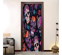 Autoadhesivo Pegatinas Para Puertas 77x200 cm Retro Calavera Flores Pegatinas Impermeables, vistoso 3D Vinilos Pegatina para Puertas DecoracióN Del Hogar BañO u Oficina