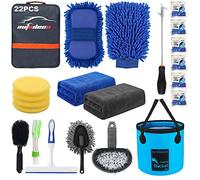 AUTODECO Kit de 22 Herramientas para Lavado de Interior de Coche, Azul, con Bolsa de Lona, Cubo Plegable, manopla, Toallas, Cepillo de neumáticos, raspador de Ventanas, Plumero, Kit Completo