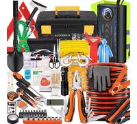 AUTODECO Kit de 98 piezas de asistencia de emergencia para coche en carretera con cables de puente de compresor de aire portátil, martillo de seguridad, juego de herramientas todo en uno (naranja)