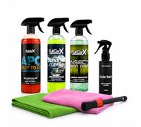 AutoFullCar Kit Limpieza Coche Interior y Exterior 750ml, Productos FullCarX con APC Multiusos, Cristales Antivaho, Eliminador Insectos, Ambientador Aroma Nuevo y Accesorios