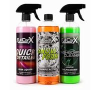 AutoFullCar Kit Limpieza Coche Interior y Exterior FullCarX 3x750 ml, Champú Activo, Cera Líquida, Limpia Salpicaderos, Productos Detailing para Lavado y Cuidado del Vehículo