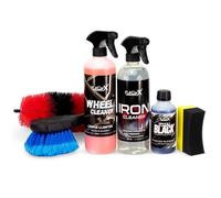 AutoFullCar - Kit Limpieza Llantas y Neumáticos Premium FullCarX | Limpia Llantas Wheel Cleaner + Total Black Recuperador Plásticos y Gomas | Cepillos + Esponja | Brillo y Protección Total