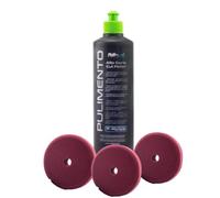 AutoFullCar - Kit Pulido - Pulimento Alto Corte FullCarX 500ml + 3 Boinas diferentes Acabados - Para Pulidora 150 mm. - Carrocería - Faros (Pulimento + 3 Boinas Alto Corte)