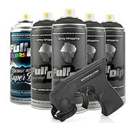 AutoFullCar - Pack 4 Sprays Full Dip Negro + 1 Barniz Acrílico con Acabado Brillo + Adaptador de spray - Vinilo Líquido de Fácil Aplicación - Wrapp