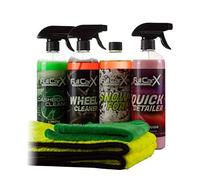 AutoFullCar - Pack Limpieza Coche Interior y Exterior FullCarX | 4 Productos de 750ml Cada Uno + Bayeta Microfibra + Toalla Secado | Cera, Champú, Limpiallantas, Salpicaderos