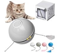Automatic LED Intelligent Cat Ball, Interactive Cat Toy Ball, Self Rolling Ball Cat Toy, with Feather and Bell, Moving Cat Toy for Bored Indoor Adult Cats (Grey)