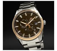 Orient Stretto Sun & Moon RA-AK0313Y30B - Reloj mecánico automático para hombre, esfera marrón, caja y pulsera de acero inoxidable, cristal de zafiro, fondo de caja de exposición y visualización de