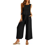 AUTOMET Conjuntos de 2 piezas para mujer, conjuntos de ropa de descanso a juego, pantalones largos de lino con bolsillos, ropa de vacaciones de verano 2023, Negro -, Medium