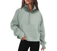 AUTOMET Sudaderas con Capucha para Mujer, Media Cremallera, de Forro Polar, con Cremallera de un Cuarto, Ropa de Moda para otoño 2025, Gris/Verde, Large