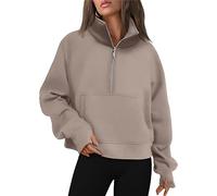AUTOMET Sudaderas con Capucha para Mujer, Media Cremallera, de Forro Polar, con Cremallera de un Cuarto, Ropa de Moda para otoño 2025, Café Gris., Large
