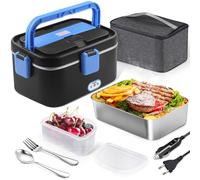 AUTOPkio Fiambrera Eléctrica 1.8L, 12V 24V 220V Fiambrera Termica 80W Gran con Bolsa Acero Inoxidable Tenedor Cuchara para Oficina Coche Camión (Negro-Azul)