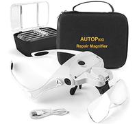 AUTOPkio Gafas Lupa con 2 Luz LED, USB Recargable Lentes de Aumento con Estuche 5 Lentes 1.0X, 1.5X, 2.0X, 2.5X, 3.5X para Reparaciones, Coser, Joyería