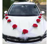 Autoschmuck - Juego de decoración para coche de boda (2 x 1,6 m, de gasa roja y blanca, 9 rosas)