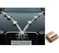 Autoschmuck Organza M Decoración de Tela de Organza con Rosas para Coche, para Pareja de Novios, Guirnalda Decorativa para Bodas (Crudo/Blanco)