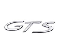 AUTOZOCO Emblema Adhesivo GTS, Insignia GTS Apto para Parte Trasera Autoadhesiva, Compatible con Porsche, Pegatina GTS, Plástico, 10 cm x 2.5 cm, Plateado Acabado Brillo
